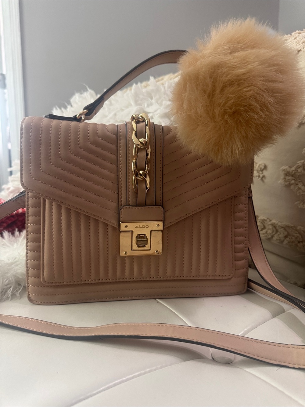 Aldo Quilted Satchel in Blush Tan with Gold Hardware